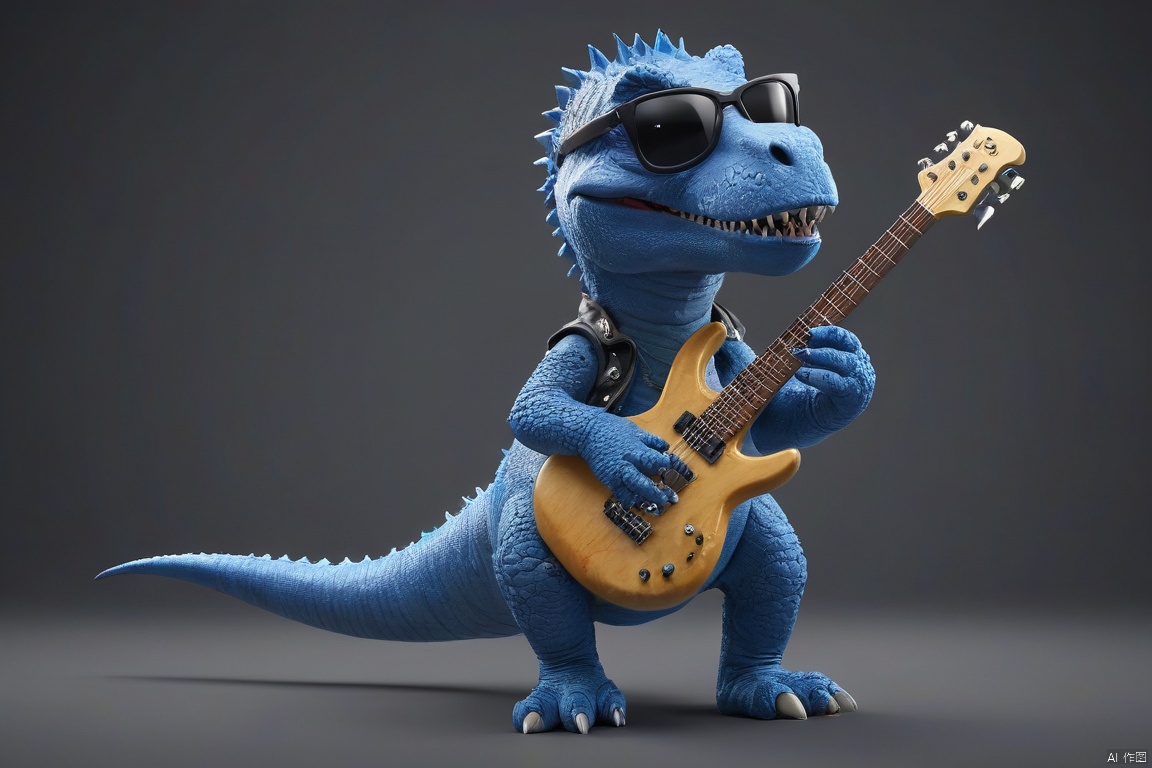  Surreality, a blue Tyrannosaurus Rex, (cute, wearing sunglasses), holding a concert, (playing lute, punk attire), rock music, 3D, C4D, smooth surface, exquisite details, mixed style,