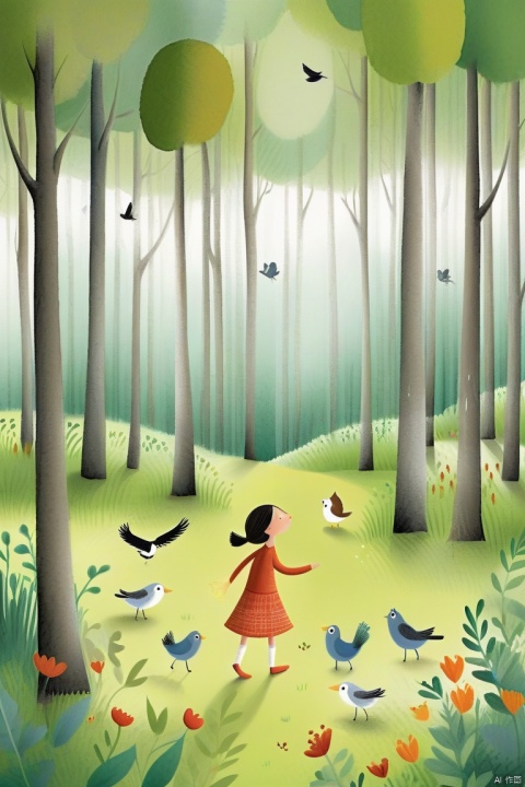  Children's picture book style,Overall,this is a beautiful and serene image that captures the essence of a in the woods. The woman's calm demeanor and the birds' activity add a sense of liveliness to the scene,making it a captivating and memorable image.,