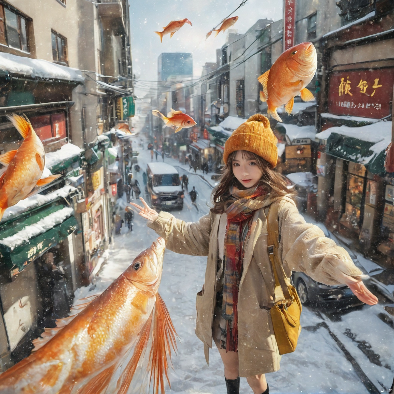 1girl,Exaggerated perspective , ultra wide shot,reaching out hand,foreshortening, on the tokyo street, realistic, highres, female focus, solo,snowy day, scarf, hat, flying snow,fish-eye len,fish eye angle