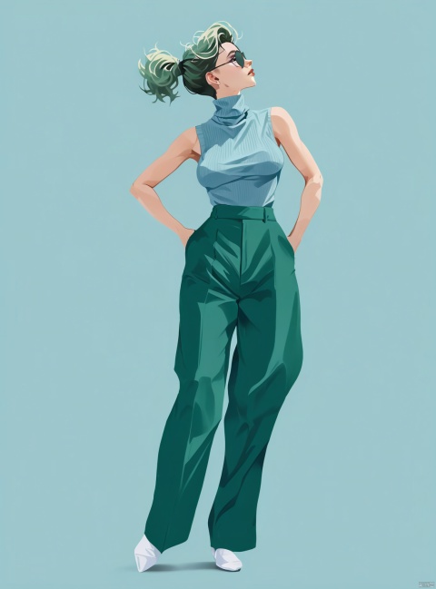  (masterpiece, best quality), 1girl, Jade green Tousled Hair with Undercut, big breasts, Ice blue Sleeveless turtleneck with a ribbed texture. and Wide-leg linen pants with a neutral color, ankle socks, Illustration