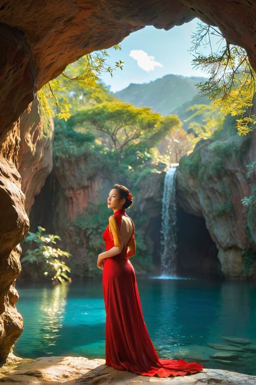  Picture a graceful woman in a vibrant red dress with golden embroidery, reminiscent of traditional Asian fashion. She stands in a magnificent cave, its interior lit by a constellation of bioluminescent speckles. The cave walls are a tapestry of dark, luscious blues and greens, shimmering with natural light. In her hand, she holds a large, ornate fan matching her dress, unfurled to reveal a detailed design that adds to her commanding presence. Her other hand is raised gently towards the sky, as if interacting with the mystical light around her. Her hair is styled up with braids and natural accessories, and her pose is one of empowerment and awe as she gazes upwards. The floor of the cave is mirrored by a still pool of water, reflecting the enchantment of the scene, best quality, ultra highres, original, extremely detailed, perfect lighting
