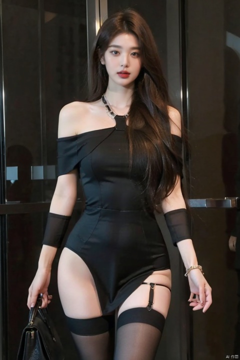  8k,RAW photo,best quality,masterpiece,realistic,1girl,off-shoulder dress,black thighhighs,sexy