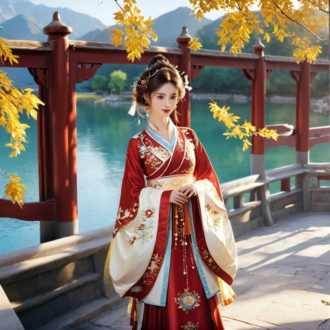  photorealistic,realistic,masterpiece,best quality,4k,,
A girl standing near the bridge over the lake, Wear new Chinese clothing that combines traditional Chinese Hanfu and modern clothing elements, Showing a unique oriental charm. Her clothes are mainly in red and white colors, With exquisite embroidery and beadwork, Showing the profound heritage of Chinese traditional culture. Her hairstyle is simple yet elegant, Wearing gorgeous hair accessories, Adds a splash of color to the overall look. Her makeup is delicate and elegant, Highlighting her natural beauty. Her eyes are bright and energetic, It seemed to be telling her inner story. Her skin is fair and delicate, Exudes a charming luster. Her figure is graceful and dignified, Exudes a noble temperament. She stood on the bridge by the lake, Behind you are the sparkling water and the mountains in the distance., It forms a beautiful picture. The sun shines on her body, Contrast between light and dark, highlighting her theme.