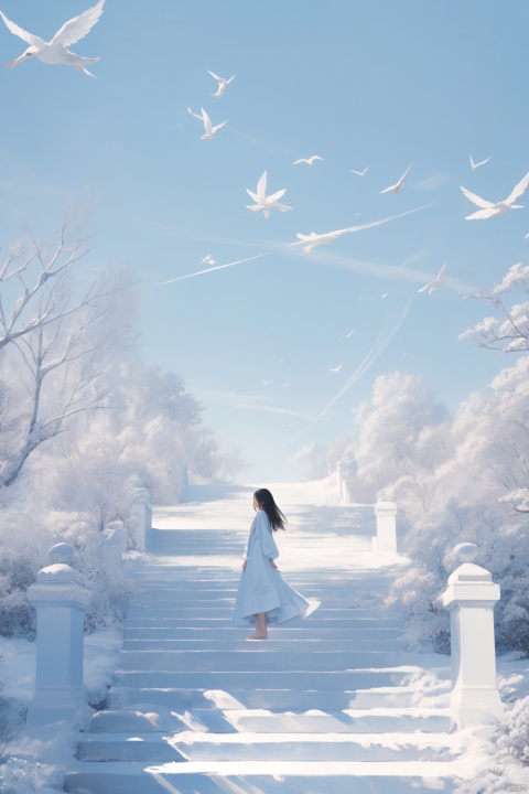 1girl, solo,angel, long hair, black hair, long sleeves, dress, standing, outdoors, sky, barefoot, day, white dress, blue sky, scenery, blue theme,White stairs, wide shot,floating White Thousand Paper Crane,detailed background,Many thousand paper cranes,Standing on the steps and looking up at the sky,Aestheticism Painting,intricate detail,infant,