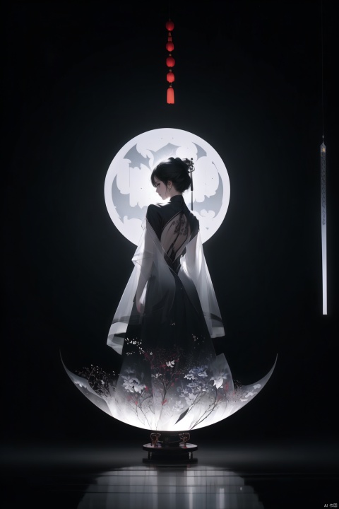 Translucent embroidery, top light, back light, cityscape, night, dark, red plum, Chinese text. , glossy transparent material style, abstract design, ethereal phantom, lifelike, black and white tones, shenhua, Bloom_The girl in the flower