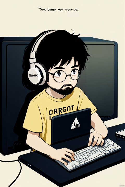 solo,1boy, male focus, solo, headphones, glasses, yellow background, black hair, facial hair, shirt, computer, sitting, english text, yellow shirt, laptop, short sleeves,masterpiece,best quality,very aesthetic,absurdres,chibi