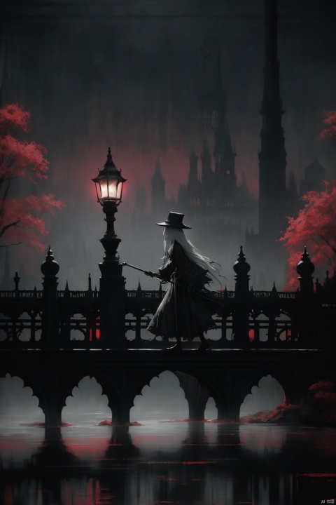 dark theme,a Clockwork djinn with ornate,mystical lamps at a Gaslit bridge spanning over tranquil river,city of yharnam,bloodborne,A Gothic girl taking a walk by the river,ultra-fine digital painting,the city of fog,victorian style,by tsubonari,by demizu posuka,by Russ Mills,background\(gete\),red moon
