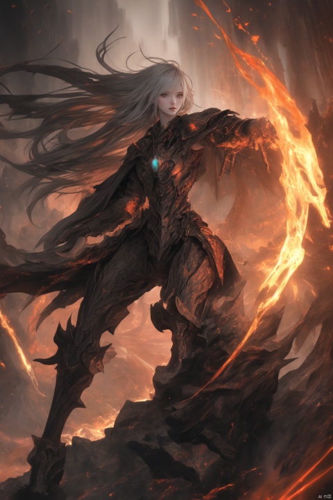Demonic (1girl:1.3) from the hell,otherworldly creature,[demon:darkness:15],[flames:magma:20],(with swirling flames cascading from its body),detailed huge flames_wings,silver long hair,red eyes,fighting against the huge fiery dragon on the Magma River,striking full body portrait,menacing,
BREAK
(longexposure\(photo\):1.2),(8k, RAW photo, highest quality),hyperrealist,intricate abstract,intricate artwork,abstract style,highly detailed,extremely high-resolution details,photographic,realism pushed to extreme,fine texture,4k,high contrast,
BREAK
fearsome power and ethereal presence,non-representational,colors and shapes,expression of feelings,imaginative,(Luis Royo:1.2),(Yoshitaka Amano:1.1),(detailed hellcape:1.3) background,light particles,sparks,light rays