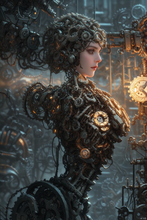 ((best quality)), ((masterpiece)), ((ultra realistic)), (dynamic sexy pose), award winning steampunk soft oil painting, trending on artstation, sexy android, ((clockwork robotics, cogs and wires, intricate details, cyborg)), dynamic angle, professional, steampunk city background, moody cinematic lighting,