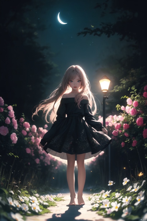(masterpiece), (best quality), illustration, ultra detailed, hdr, Depth of field, (colorful), loli, a girl, full body, Magic,focus, masterpiece, solo, gradient background, summer, best quality, star, Through the mottled light and shadow of flowers, deep night, wind, flying flowers,colorful flowers, fireflies, crescent moon, 1 girl, pink long hair, Beautiful and meticulous eyes, small breast, beautiful detailed,off shoulder, beautiful dress, pink highlights, hairpin, long sleeves ,perfect hand, strong rim light, anime screenshot, bare feet, solo focus, extremely detailed wallpaper, Personage as the main perspective, intense shadows, cinematic lighting, depth of field, painting, girl, glow, lines, LU,Hazy light,Floodlight