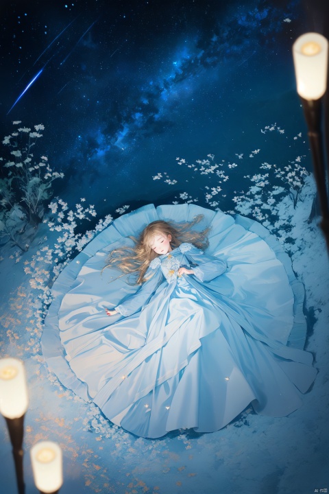 1Girl,masterpiece,best quality,shot from above,wide shot,landscape,blue sky,stars,stargazing,shy redhead girl sleeping in a circle of white lilys,flowers,naive,beautiful light dress,deep blue coat,virgin,hands closed,vintage colors,glowing stars on the sky,glowing stars on the dress,stardust,Franz Xaver Winterhalter,Albert Lynch,Serge Marshennikov,