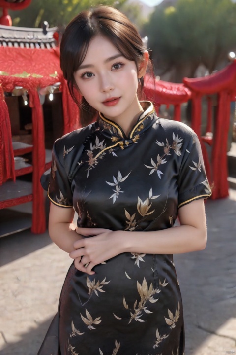 (global illumination, reality,ray tracing, HDR, unreal rendering, reasonable design, high detail, masterpiece,best quality, ultra high definition, movie lighting),
1girl,outdoor,looking_at_viewer,side_blunt_bangs,china_dress,chinese_style,big breasts,pose,solo,1girl,black hair,black eyes, cheongsam,spring festival