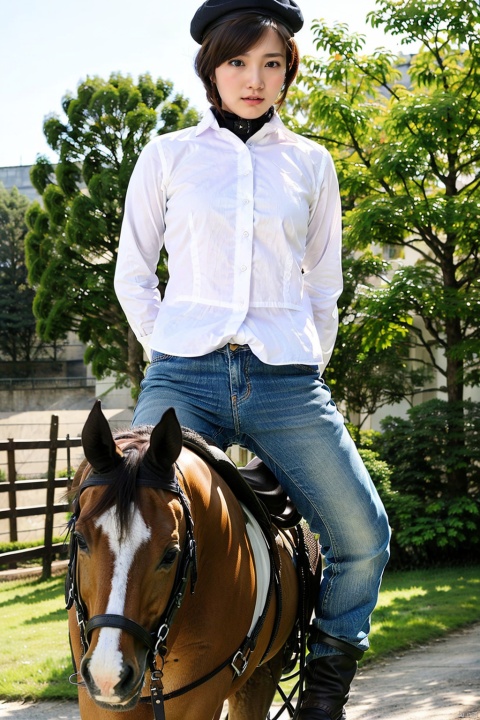  riding, horse, solo, pants, 1girl, hat, vest, short hair, gloves, long sleeves, denim, jeans, horseback riding, boots, brown hair, outdoors, saddle, layered sleeves, light mature