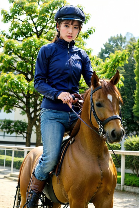  riding, horse, solo, pants, 1girl, hat, vest, short hair, gloves, long sleeves, denim, jeans, horseback riding, boots, brown hair, outdoors, saddle, layered sleeves, light mature