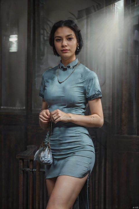 1girl, solo, jewelry, black hair, necklace, handbag, bag, realistic, short sleeves, dress, earrings, short hair, holding, cowboy shot, standing, indoors, red lips, denim, qipao