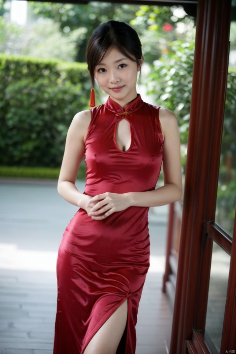  (global illumination, reality,ray tracing, HDR, unreal rendering, reasonable design, high detail, masterpiece,best quality, ultra high definition, movie lighting),
1girl,outdoor,looking_at_viewer,side_blunt_bangs,china_dress,chinese_style,big breasts,pose,solo,1girl,black hair,black eyes, cheongsam,