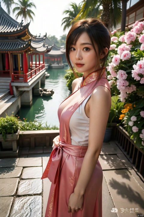 (global illumination, reality,ray tracing, HDR, unreal rendering, reasonable design, high detail, masterpiece,best quality, ultra high definition, movie lighting),
1girl,outdoor,looking_at_viewer,side_blunt_bangs,china_dress,chinese_style,big breasts,pose,solo,1girl,black hair,black eyes, cheongsam,spring festival