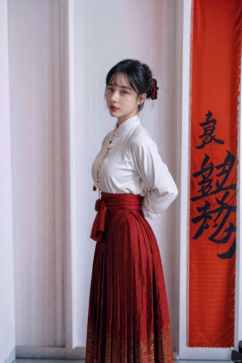 (global illumination, reality,ray tracing, HDR, unreal rendering, reasonable design, high detail, masterpiece,best quality, ultra high definition, movie lighting),
1girl,outdoor,looking_at_viewer,side_blunt_bangs,china_dress,chinese_style,big breasts,pose,solo,1girl,black hair,black eyes,hanfu,red skirt