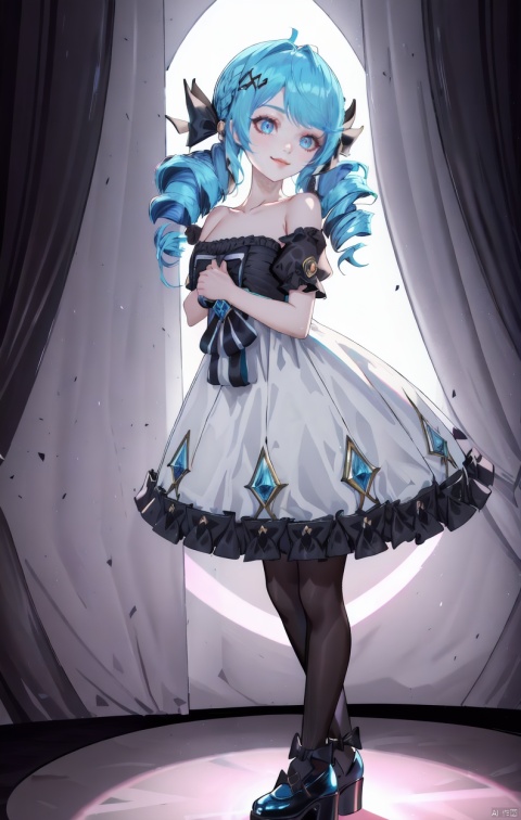  masterpiece,best quality,hair strand, twintails, full body,1girl,black bow,black legwear,(blue hair),bow,collarbone,dress,drill hair,frilled dress,frills,gwen \(league of legends\),hair ornament,highres,league of legends,long hair,puffy sleeves,solo,white dress,hair ornament,Light master,smile,((full body shot)),shiny skin, backlight, seductive eyes, Fantasy background,Extremely artistic,(pigeon pose)