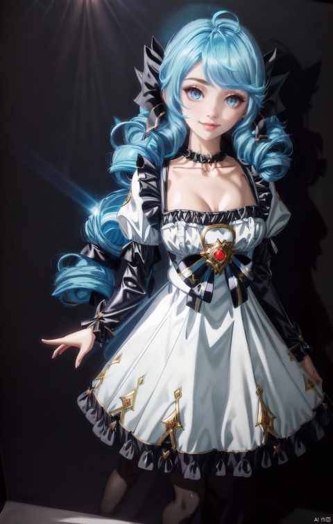  masterpiece,best quality,hair strand, twintails, full body,1girl,black bow,black legwear,(blue hair),bow,collarbone,dress,drill hair,frilled dress,frills,gwen \(league of legends\),hair ornament,highres,league of legends,long hair,puffy sleeves,solo,white dress,hair ornament,Light master,smile,((full body shot)),shiny skin, backlight, seductive eyes, Weird background,Extremely artistic,(pigeon pose),Show chest，Lift the skirt，masturbate.