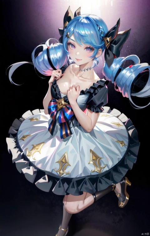  masterpiece,best quality,hair strand, twintails, full body,1girl,black bow,black legwear,(blue hair),bow,collarbone,dress,drill hair,frilled dress,frills,gwen \(league of legends\),hair ornament,highres,league of legends,long hair,puffy sleeves,solo,white dress,hair ornament,Light master,smile,((full body shot)),shiny skin, backlight, seductive eyes, Weird background,Extremely artistic,(pigeon pose),，Lift the skirt，Touch the chest.