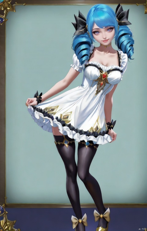  masterpiece,best quality,hair strand, twintails, full body,1girl,black bow,black legwear,(blue hair),bow,collarbone,dress,drill hair,frilled dress,frills,gwen \(league of legends\),hair ornament,highres,league of legends,long hair,puffy sleeves,solo,white dress,hair ornament,Light master,smile,((full body shot)),shiny skin, backlight, seductive eyes, Fantasy background,Extremely artistic,(pigeon pose)