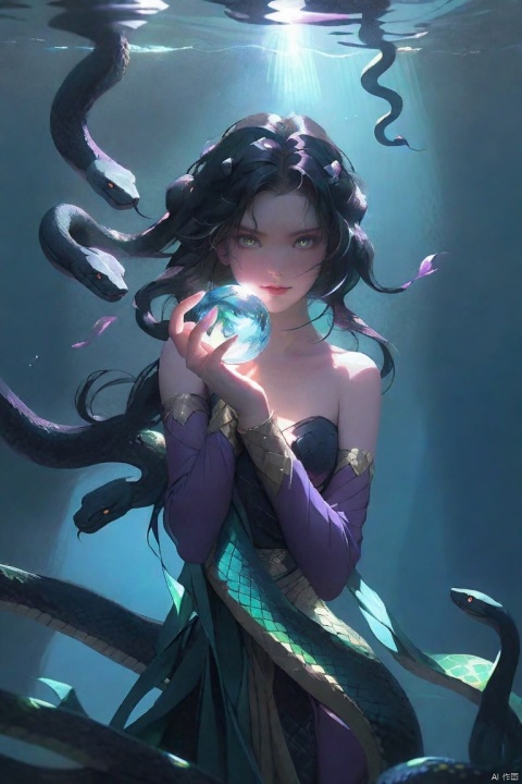 meidusha\(ip\), 1girl, jewelry, long hair, snake, solo, snake hair, looking at viewer, black hair, backlightinghalf body under water,Shining eyes, snake body, holding a ball of light in hand,,<lora:660447824183329044:1.0>