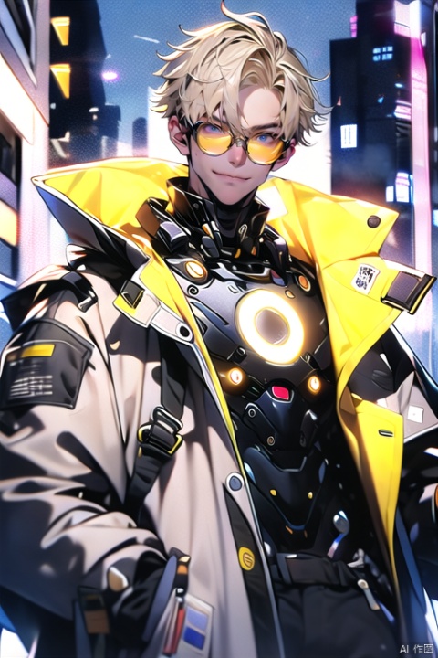  technology skylock, scenery, science fiction, building, city, city lights, road, outdoors, night, reflection, skyscraper,
suoti\(ip\), solo,1boy, man,glasses, smile, blue eyes, coat, male focus, short hair, looking at viewer, 1boy, blonde hair, round eyewear, hand in pocket, white coat, parted bangs
 hand, 
