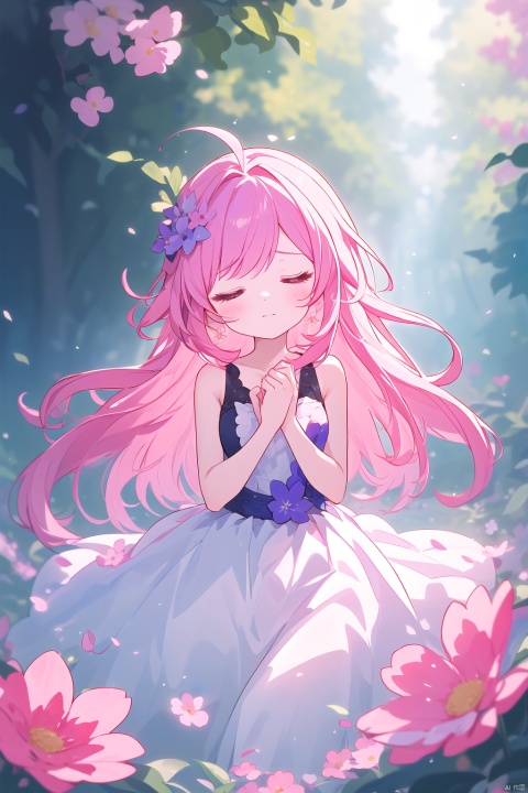  wawaya, 1girl, closed eyes, solo, dress, long hair, flower, pink hair