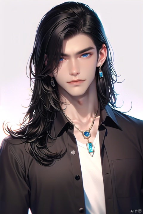 xingnanMAX\(ip\), 1boy, jewelry, necklace, solo, long hair, shirt, white shirt, black hair, earrings, looking at viewer, male focus, upper body, collared shirt, blue eyes

