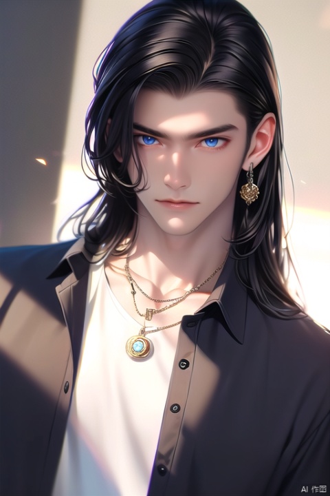 xingnanMAX\(ip\), 1boy, jewelry, necklace, solo, long hair, shirt, white shirt, black hair, earrings, looking at viewer, male focus, upper body, collared shirt, blue eyes
