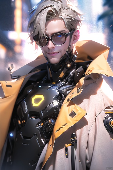 technology skylock, scenery, science fiction, building, hologram
suoti\(ip\), solo, handsome guy, male focus, blue eyes, short hair, looking at viewer, coat,  smile, sunglasses,
mechanical palm, hand, 
masterpiece,best qualityhighly detailed,realistic rendering,unreal engine,octanerender,realistic rendering,