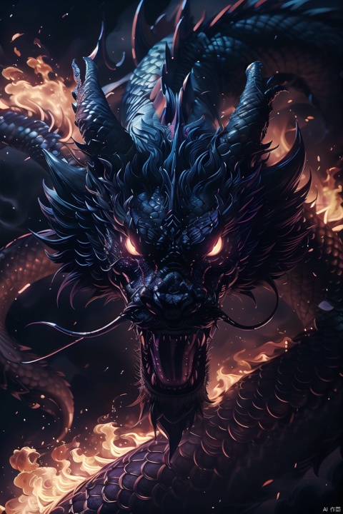 Black Dragon\(pi\), dragon, no humans, eastern dragon, fire, glowing, open mouth, sharp teeth, scales, teeth, horns, glowing eyes