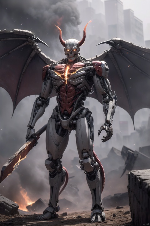demonvvv, Holding a giant axe,Palm in front,Tall and tall, Demon horn, tail,standing on a huge stone skeleton,solo, glowing, glowing eyes, robot, cable, grey background, science fiction, mechanical parts, no humans, cyborg, red eyes, simple background,Wings, the ground is magma, hell,Looking at the audience, hands facing the audience, with flames in their hands,