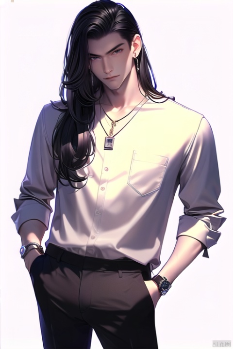 xingnanMAX\(ip\), 1boy, solo, jewelry, black hair, long hair, necklace, shirt, white shirt, hand in pocket, earrings, watch, male focus, black pants, hand in own hair, pants, looking at viewer, wristwatch, white background
