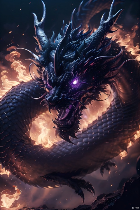 Black Dragon\(pi\), dragon, no humans, horns, glowing, glowing eyes, open mouth, fire, sharp teeth, teeth, scales