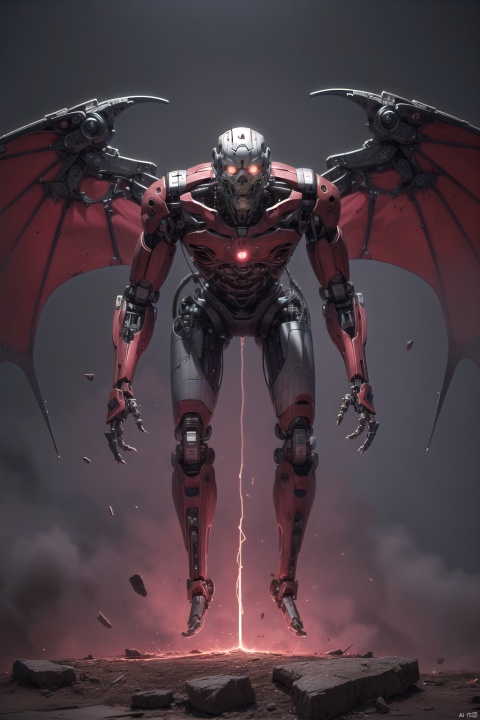 demonvvv, solo, glowing, glowing eyes, robot, cable, grey background, science fiction, mechanical parts, no humans, cyborg, red eyes, simple background,Wings, the ground is magma, hell,