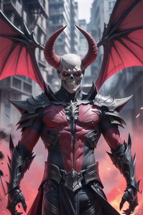 demonvvv, Half body,armor, horns,Skull face, wings, 1boy, shoulder armor, glowing, solo, male focus, pauldrons, glowing eyes, demon boy, red eyes, demon wings, breastplate, demon, red theme