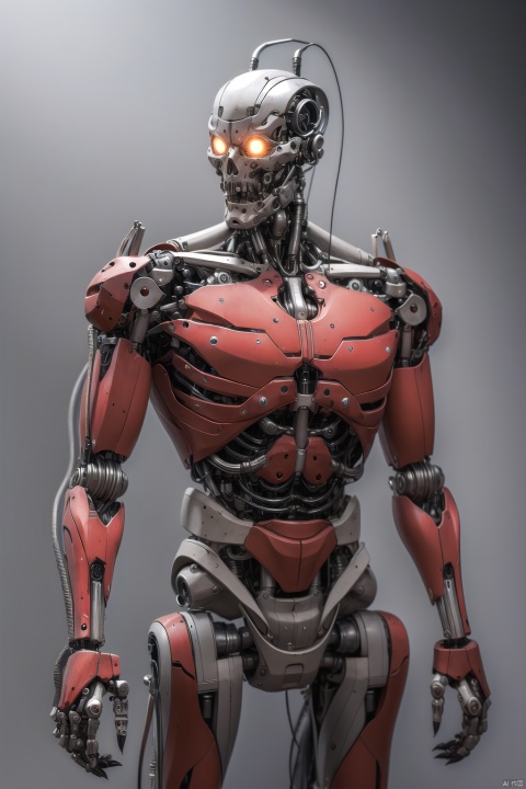 demonvvv, solo, glowing, glowing eyes, robot, cable, grey background, science fiction, mechanical parts, no humans, cyborg, red eyes, simple background