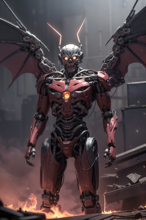 demonvvv, solo, glowing, glowing eyes, robot, cable, grey background, science fiction, mechanical parts, no humans, cyborg, red eyes, simple background,Wings, the ground is magma, hell,Looking at the audience, hands facing the audience, with flames in their hands,