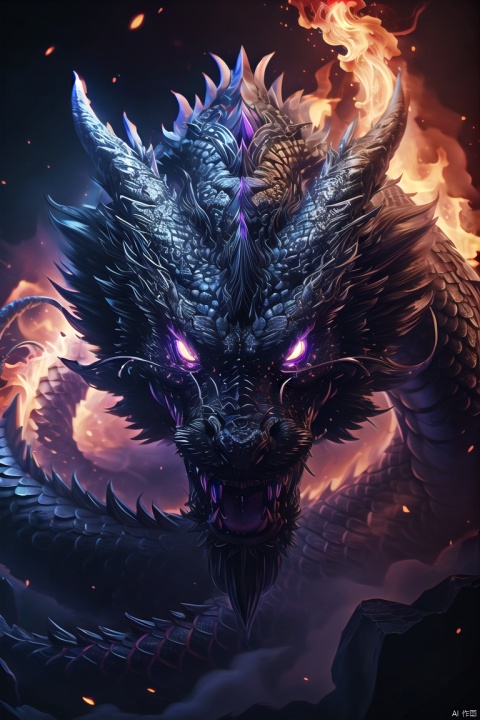 Black Dragon\(pi\), breathing fire, no humans, dragon, claws, open mouth, fire, glowing, sharp teeth, eastern dragon, teeth, horns, scales, tongue, glowing eyes