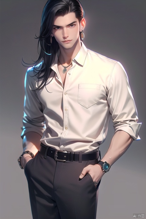 xingnanMAX\(ip\), 1boy, jewelry, necklace, male focus, solo, shirt, black hair, long hair, ring, hand in pocket, watch, white shirt, pants, belt, earrings, wristwatch, collared shirt
