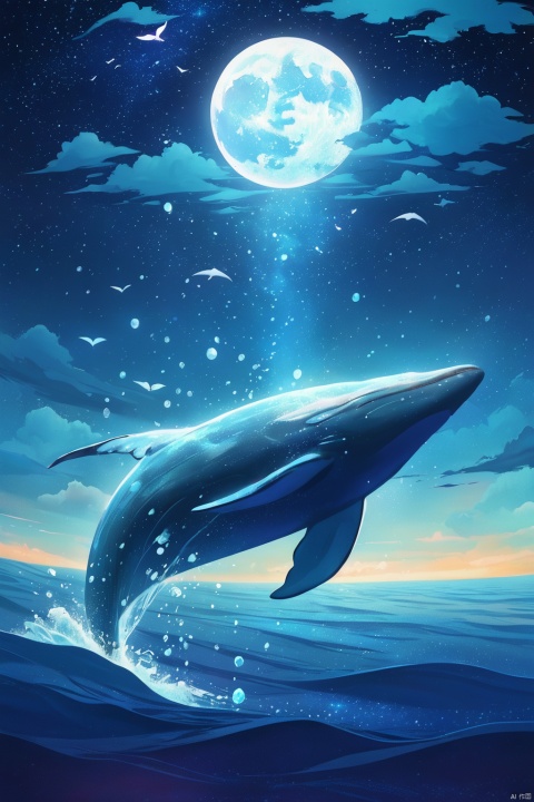  best quality,whale,surreal,moon,clouds,stars,night sky,blue tones,vertical composition,dreamlike,light flares,photomanipulation,whimsical,mineral color painting,