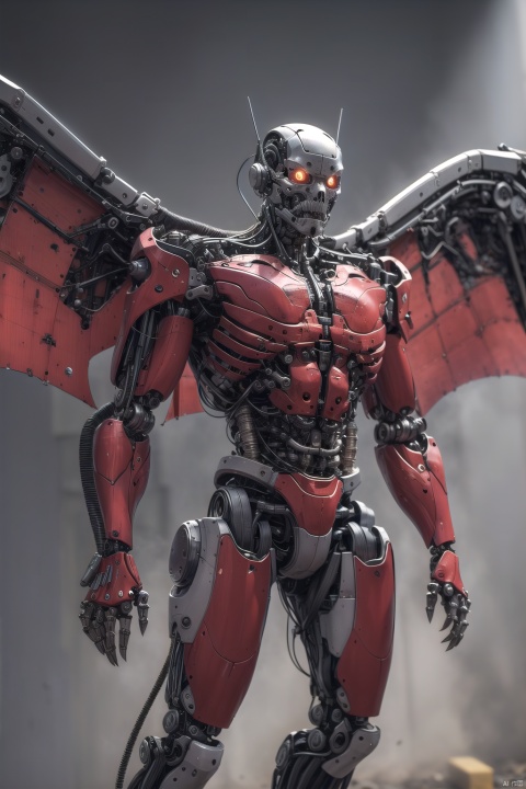 demonvvv, solo, glowing, glowing eyes, robot, cable, grey background, science fiction, mechanical parts, no humans, cyborg, red eyes, simple background,Wings, the ground is magma, hell,