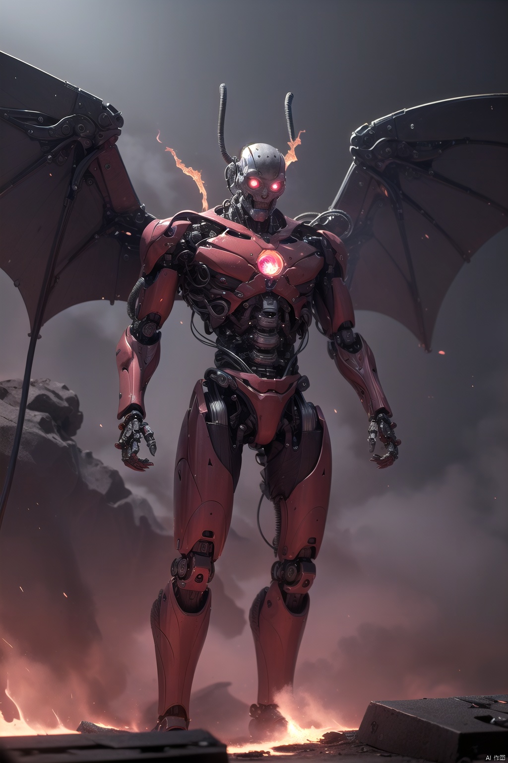 demonvvv, solo, glowing, glowing eyes, robot, cable, grey background, science fiction, mechanical parts, no humans, cyborg, red eyes, simple background,Wings, the ground is magma, hell,Looking at the audience, hands facing the audience, with flames in their hands,