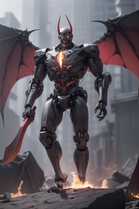 demonvvv, Holding a giant axe,Palm in front,Tall and tall, Demon horn, tail,standing on a huge stone skeleton,solo, glowing, glowing eyes, robot, cable, grey background, science fiction, mechanical parts, no humans, cyborg, red eyes, simple background,Wings, the ground is magma, hell,Looking at the audience, hands facing the audience, with flames in their hands,