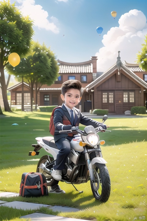 Xiaoming\(ip\), 1boy,Riding a motorcycle,male focus, solo, necktie, male child, bag, smile, full body, brown hair, backpack, looking at viewer, shoes, jacket, child,
happy paradise\(ip\),  outdoors, sky, plant, scenery, cloud, tree, grass, day, balloon, window, string of flags, house,
, guzhuang