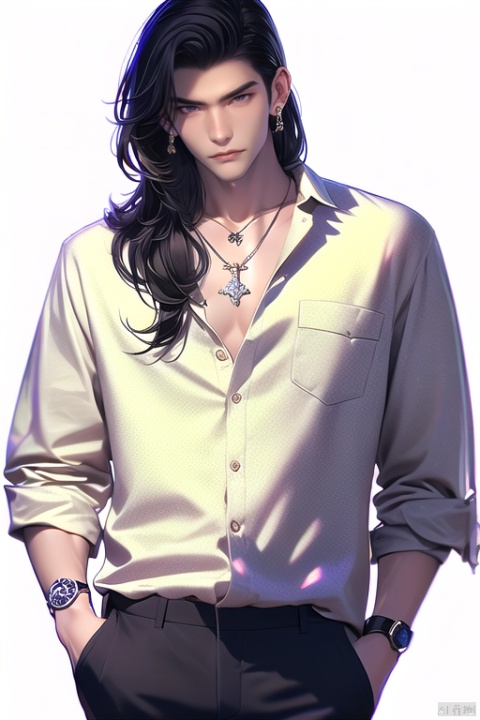 xingnanMAX\(ip\), 1boy, solo, jewelry, black hair, long hair, necklace, shirt, white shirt, hand in pocket, earrings, watch, male focus, black pants, hand in own hair, pants, looking at viewer, wristwatch, white background
