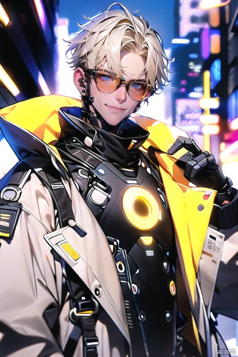  technology skylock, scenery, science fiction, building, city, city lights, road, outdoors, night, reflection, skyscraper,
suoti\(ip\), solo,1boy, man,glasses, smile, blue eyes, coat, male focus, short hair, looking at viewer, 1boy, blonde hair, round eyewear, hand in pocket, white coat, parted bangs
 hand, 

