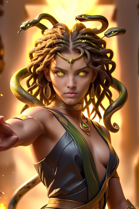 meidusha\(ip\), 1girl, glowing eyes, snake hair, yellow eyes, glowing, solo, snake, slit pupils,A dazzling background,meidusha\(ip\), 1girl, solo, armlet, jewelry, long hair, bracelet,masterpiece,best qualityhighly detailed,realistic rendering,unreal engine,octanerender,realistic rendering,